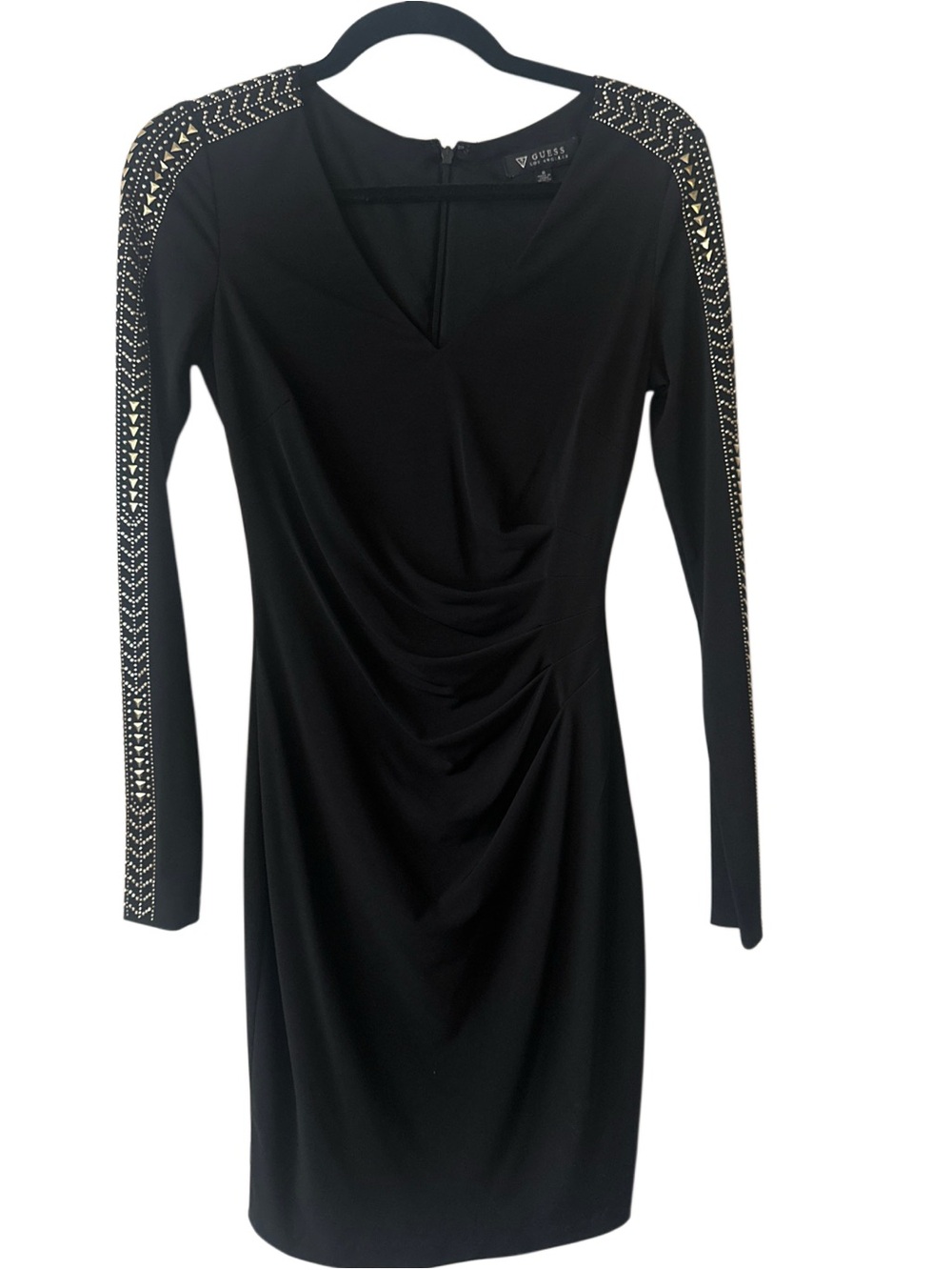Guess Black Long-Sleeve V-Neck Dress with Gold Embellished Sleeves - Picture 4 of 6